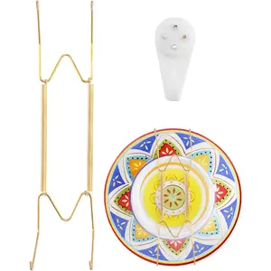 Wall plate hangers suitable for 10–14 inch art plates, stainless steel invisible heavy-duty wire plate holder with wall hooks, display hanger for decorative plates/dishes/platters (gold).