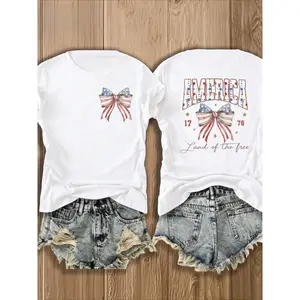 Women's America "Land of the Free" Bow & Flag Print T-Shirt - 4th of July Outfit, Casual Crew Neck Top with Map Design Suitable for Spring Summer, Gift
