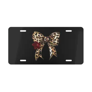 Leopard Bow License Plate, 12" x 6" Aluminum Vanity Tag for US Vehicles, Cute Cheetah Print Gift, Floral Accent Car Vanity Decor Plate