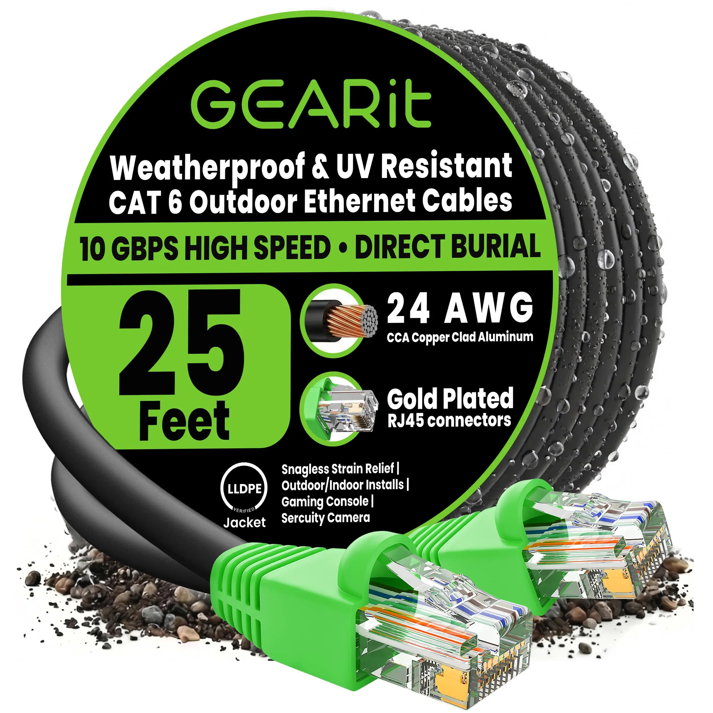 GEARit Cat6 CCA Outdoor Network Cable - 550MHz Bandwidth, High-Speed Data, UV-Safe Outdoor, Direct Burial, Waterproof, Black, 25ft/100ft Options