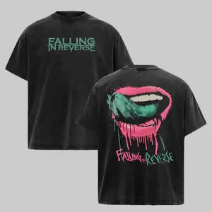 Falling in Reverse Red Reaper Menswear Washde Tee & Hoodie Set - Pepper Color Cotton Round Neck Casual T-Shirts, Emo Alt Metal Band Merch for Male Fans