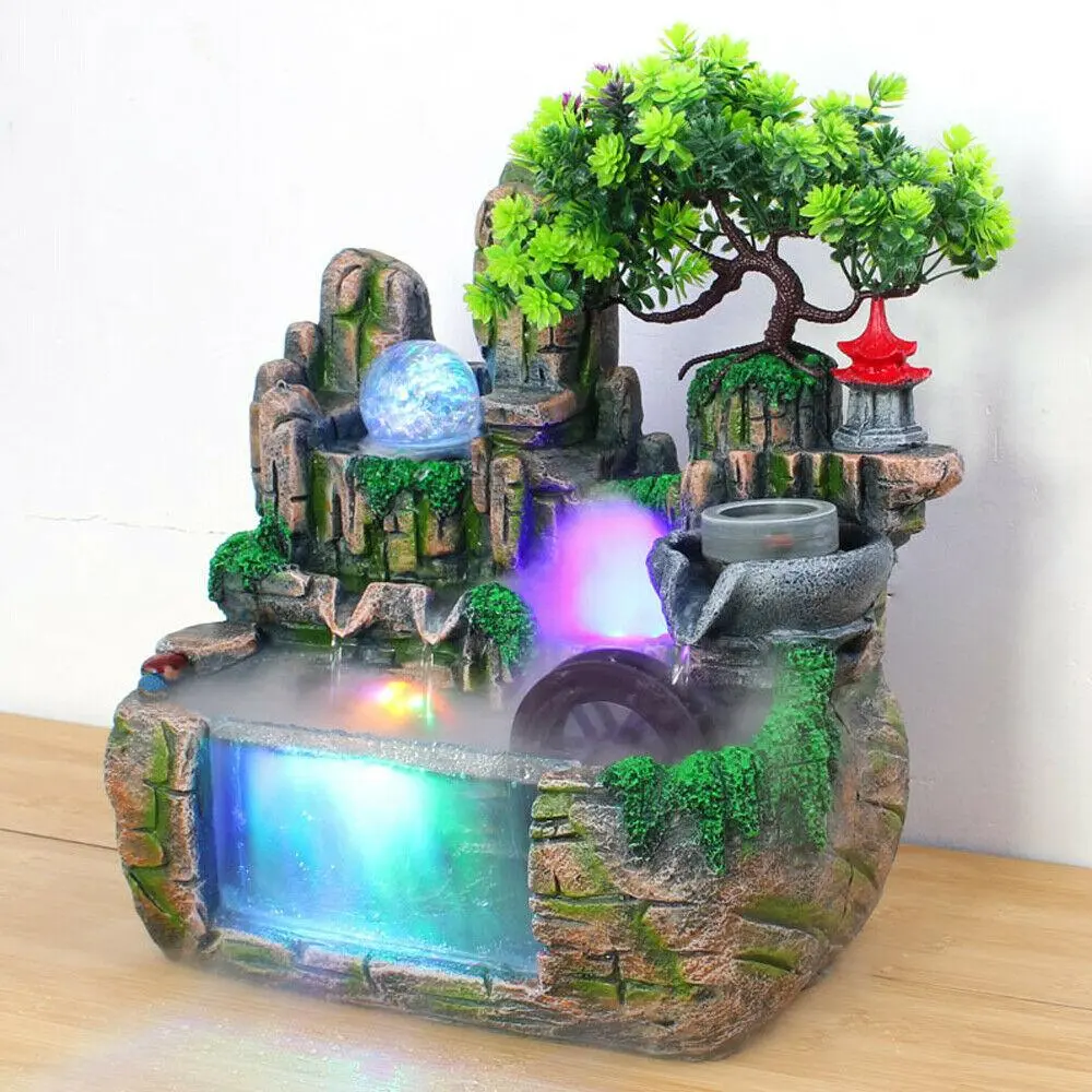 Indoor Green Rockery Fountain with Goldfish Waterfall - Feng Shui Water Sound Meditation Decor, Office Desktop Ornament, Table Ornament, Yoga Room Decoration, 4-Color Mood Light Gift Item, Meditation Ornament