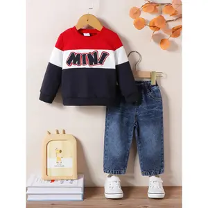 Baby Boys Spring Fall Winter Colorblock Sweater Jeans Set, Casual Fitted Two-Piece, Blue Patchwork Design, Baby Boy Clothes