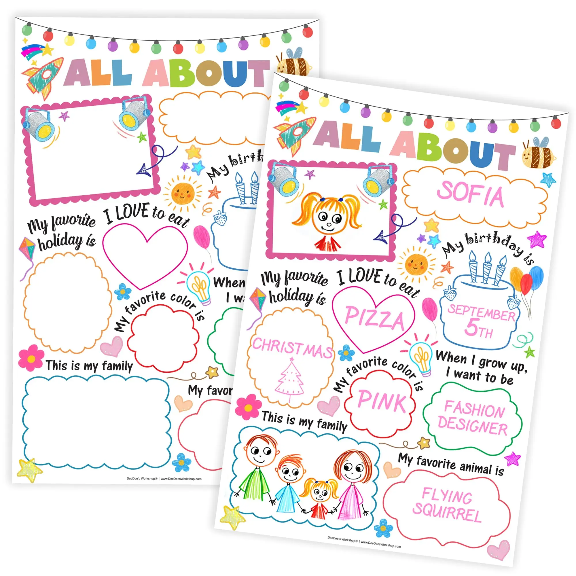 DeeDee's Workshop 25 All About Me Classroom Posters - 11x17 Size (11 x 17 Inch) Wall Art Decor, Full-Color English Educational Prints, Easy-to-Write-On Paper, Ready-to-Use Classroom Displays for Back-to-School Activities, Building Classroom Community
