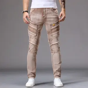 Men's Slim Fit Denim Jeans, Patchwork Biker Style, Tailored Slim Tapered Pants, Vintage Washed Distressed, Trendy Comfortable Non-Constricting, Men's Fashion