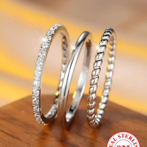 S925 Sterling Silver Simple Plain Ring Set, interlocked stackable rings, Intertwined ring, Interchangeable rings, Real Rings, Beautiful Rings, Fashion Accessories for Women & Girls, Trendy All-match & Exquisite Jewelry for Birthday Gift, with Box
