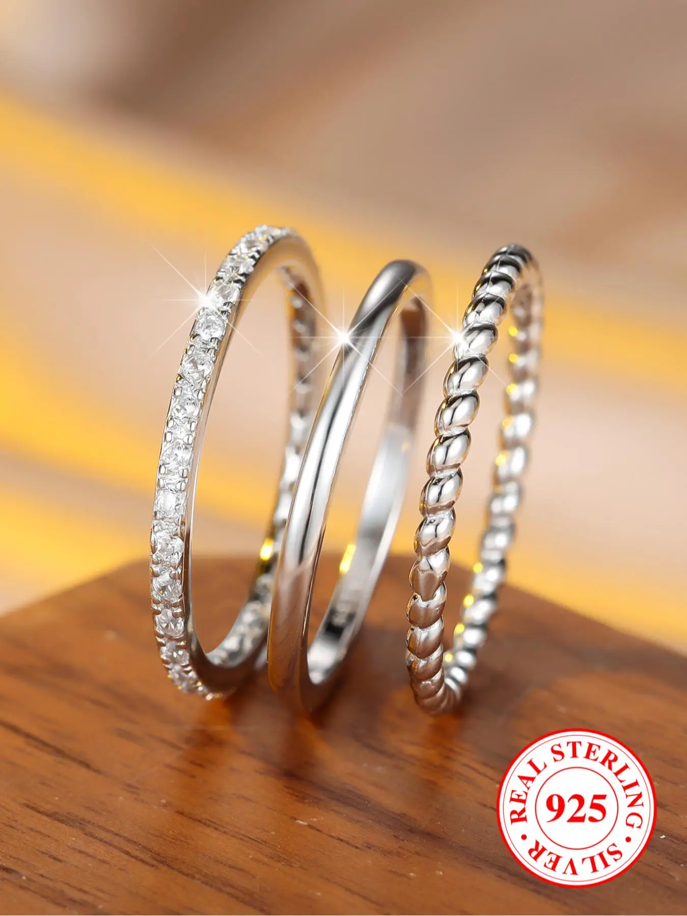 S925 Sterling Silver Simple Plain Ring Set, Fashion Accessories for Women & Girls, Trendy All-match & Exquisite Jewelry for Birthday Gift, with Box