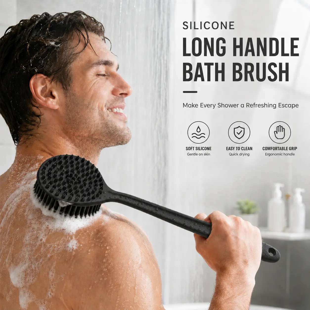 Long Handle Silicone Bath Brush with Adhesive Wall Hook, Shower Body Scrubber , Soft Silicone Bristles for Back, Shoulders and Legs, Easy-Grip Bathing Brush for Men and Women