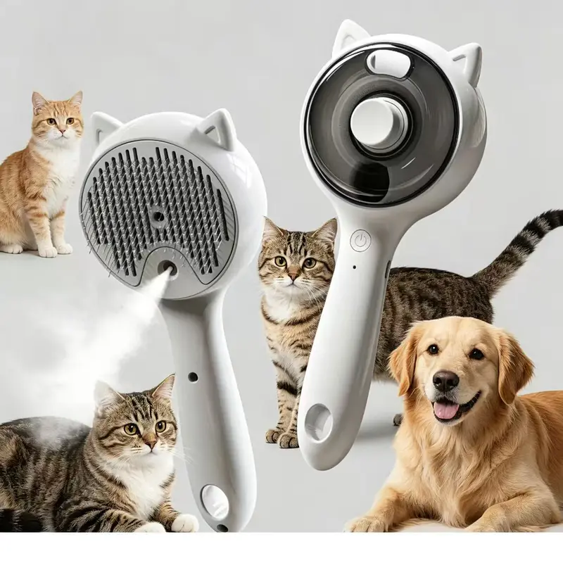 Pet Deshedding Spray Slicker Brush for Cats/Dogs - Stainless Steel Grooming Tool, 1-Button Hair Removal, Adjustable Mist Settings, Moisturizing, Gentle on Skin, Fur Control, Grooming Accessories, Deshedding Tool, Rubber, Universal Fit, Batteries Built-In