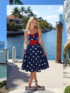 RETRO STAGE Women's 1950s Navy Blue Stars Spaghetti Strap Sleeveless Casual Dress, Summer Casual Wear, Casual Dresses
