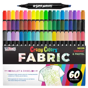U.S. Art Supply Super Markers 60 Primary, Pastel & Neon Dual Tip Fabric Markers - Fine & Chisel Point Pens Fabric Marker Permanent for Clothes, T-Shirts - Permanent Ink Eye-Catching Colors