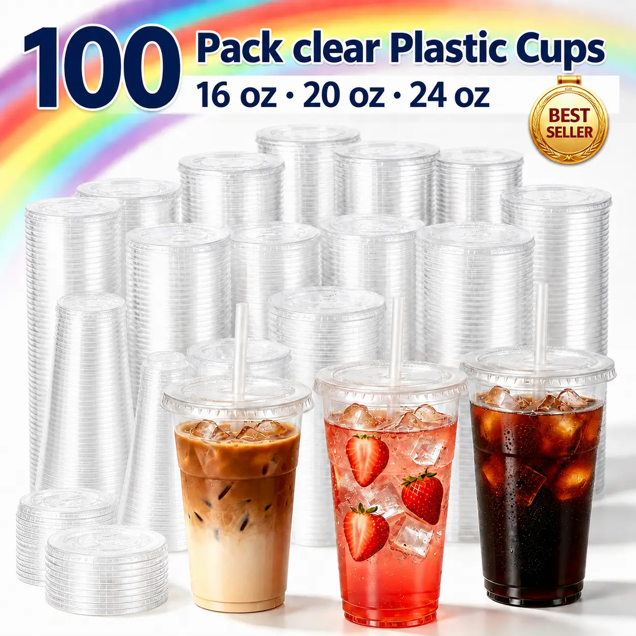 100-Pack Disposable Transparent BPA-Free Plastic Iced Coffee Cups with Lids and Straws, 16oz-20oz-24oz Sturdy Cups for Parties, Picnics (Home, Festive & Party Supplies),summerwins,beachessentials,campingessentials