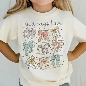 God Says I Am Loved Christian Youth Shirt, Bow Bible Verse Tee for Boy or Girl, Faith-Based Sunday School Outfit, Inspiring Gift for Little Believers