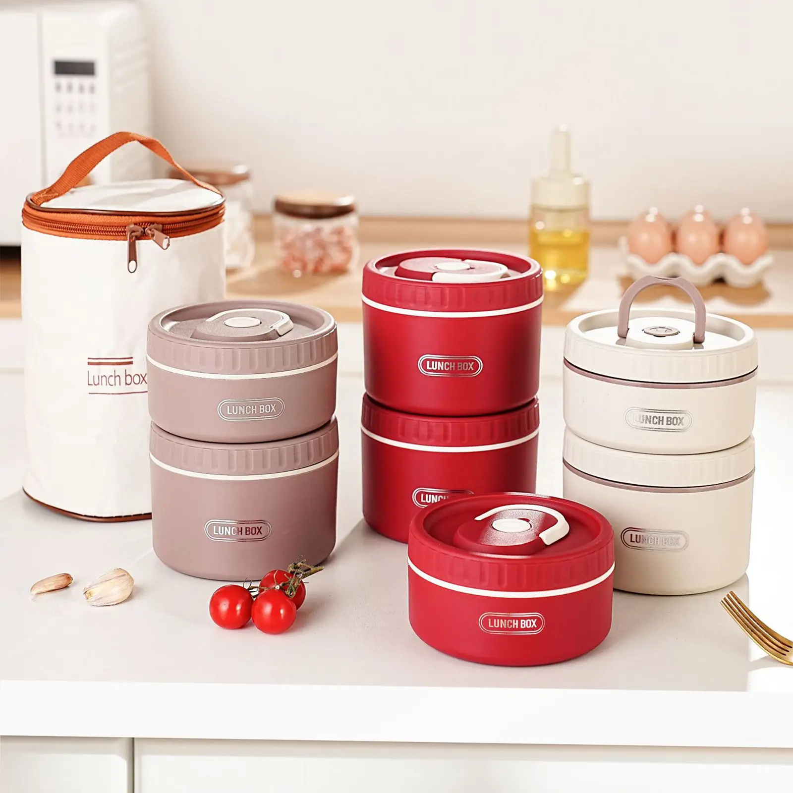 Round Stainless Steel Insulated Double-Deck Lunch Box Set - Leak-Proof, Nontoxic Containers (400ml, 600ml), Portable Tableware, Insulated Bag for Office, Camping, Lunch Boxes