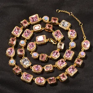 Loveden Mystery Pink Opal 10mm Sparkling Oval Emerald Shaped 5A Zircon Adjustable Bracelet Charm Necklace For Women Party Gift Elegant Colorful Fashion Jewelry Accessories Birthday Party Gift