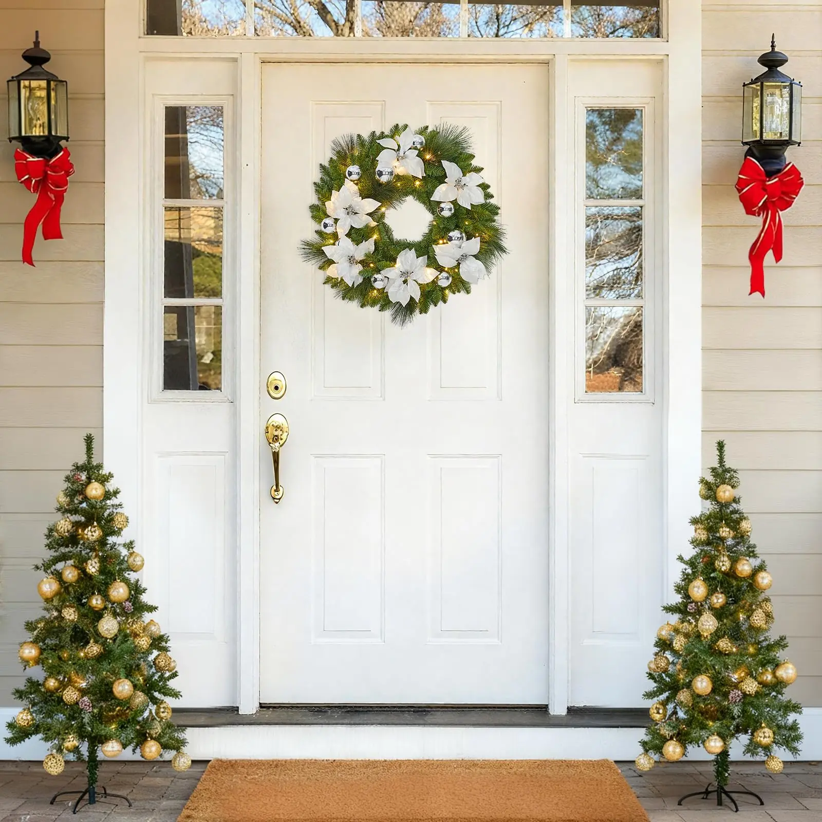 Classic 24-Inch (2 FT) Durable High-Grade Prelit Snowy Flocked Christmas Wreath - Warm White LEDs, Lifelike Pine Needles, Balls, Silver Flowers, Weather Resistant Holiday Decor for Indoors, Outdoors (Front Door, Wall, Windows), Display