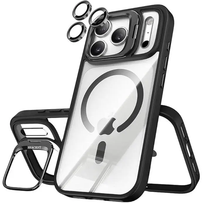 Magnetic Phone cases for iPhone 17 Pro Max 16 15 14 13 12 Pro Max plus  Clear Cases with Lens Stand case Crystal-Clear Military-Grade Drop Protection MagSafe Cover + Premium Screen Protector case for iphone 17 Pro Max (Black)