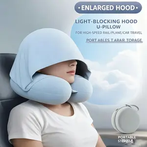 Portable Memory Foam U-Shape Neck Pillow with Hood, Travel-Friendly, Foldable Ice Silk Slow Rebound, Comfortable Neck Support