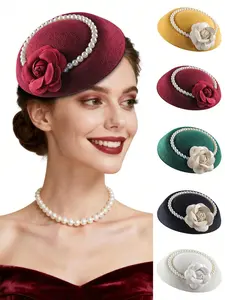 1pc Fascinators Hats for Women Tea Party Hat Kentucky Fascinator Derby Flower Pearl Pillbox Hat for Bridal Wedding Flat Hat