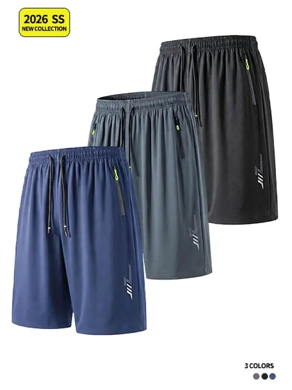 Men’s Polyester Loose-Fit Quick-Dry Athletic Shorts - Elastic Waistband, Drawstring, Zippered Pockets, Reflective Print, Knee-Length Sport Chic Bottoms for Running, Gym Workouts