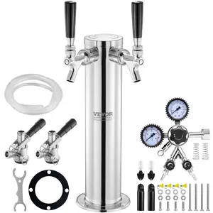 VEVOR Kegerator Tower Kit, Dual Taps Beer Conversion Kit, Stainless Steel Keg Beer Tower Dispenser with Dual Gauge CGA320 Regulator D-System Keg Coupler, Self-Closing Spring for Party Bar Home