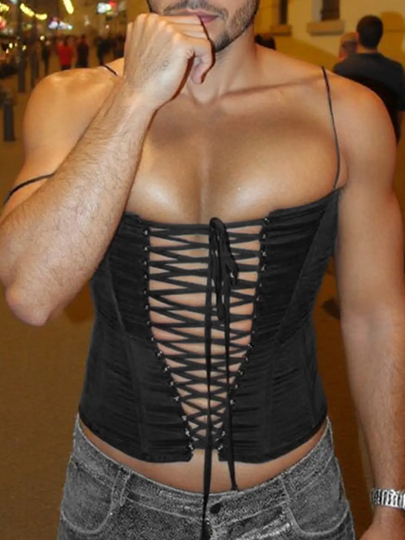 INCERUN Men's Fashion Tight-Fitting Sexy Tank Top, Solid Color Sleeveless Drawstring Vest, Suitable for Daily Wear