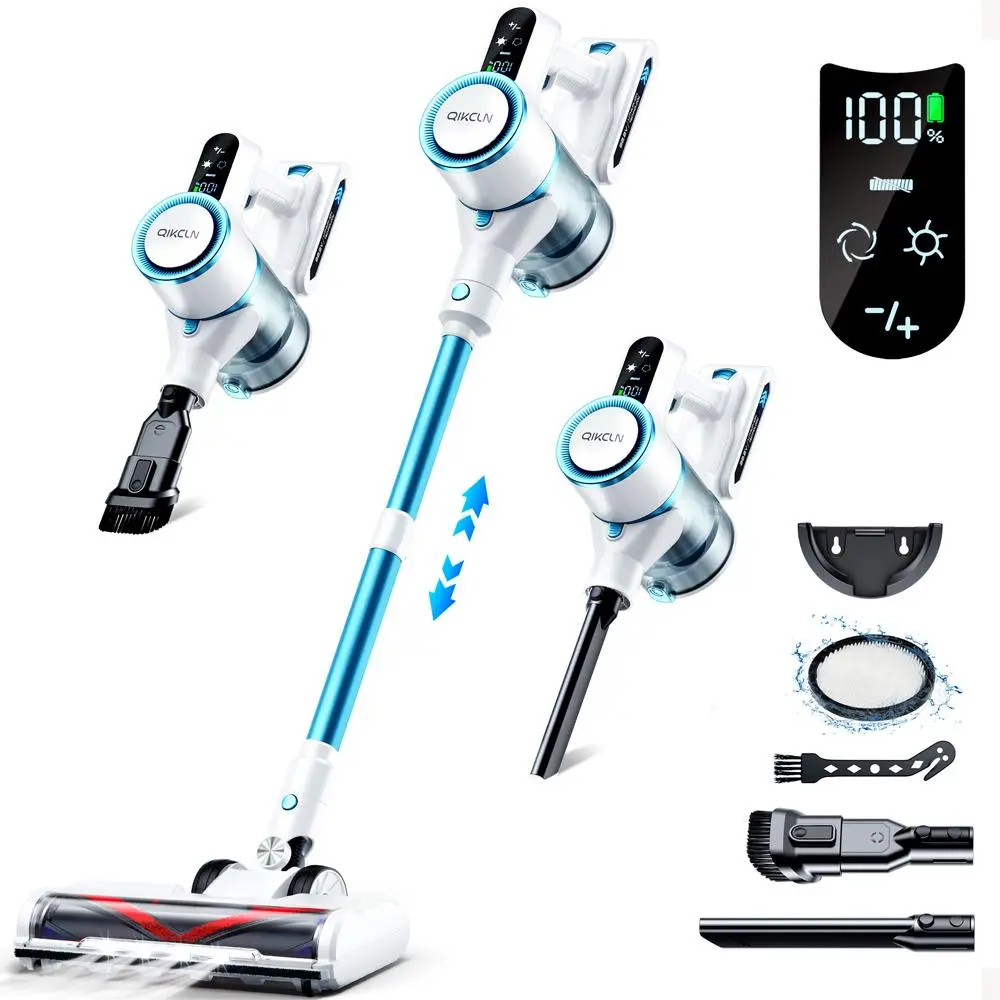 Qikcln Cordless Handheld Vacuum VC01 - Lightweight Home Cleaning Tool, 20Kpa Dust Suction Machine with HEPA Filter, LED Floor Brush + Display, for Carpet & Hard Floor, Only for Dry Use