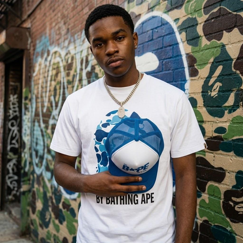 A BATHING APE Blue Camo Ape Head White Tee - Premium Graphic Streetwear Cotton T-Shirt Unisex