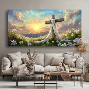 Easter Cross Canvas Wall Art - Modern abstract painting with vibrant sunset, white flowers and Easter eggs, wrapped wood frame, high quality print for living room, bedroom, office decoration Poster Photo