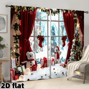 2D Flat 2Pcs Christmas Holiday Theme Curtains Burgundy Red Semi Sheer Panels with Snowman Pattern String Light Decor Rod Pocket Design for Living Room Bedroom Window Treatment Festival Home Decoration Privacy Protection Net Curtains