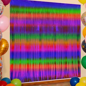 3 Pack Glow in The Dark Party Supplies 3.28x6.56Ft Rainbow Macaron Blacklight Reactive Fluorescent Foil Fringe Curtain for Glow Party,Photo Booth Prop Backdrop Streamer,Neon Party Decorations