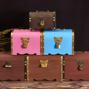 Vintage Wooden Locking Money Box with Handle, Large Capacity Savings Jar, Piggybank, Flip Cover Pirate Treasure Chest, Living Room Decor, Birthday Gift