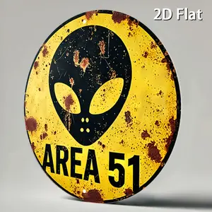 [Retro Alien Wall Art] 2D Flat 1pc Vintage Metal Sign, Area 51 Alien Warning Aluminium Round Poster with Iconic Alien Symbol, Retro Vintage Look Wall Art for Bars, Cafes, Beach Houses, Backyards 7.8x7.8 inches, 2D Flat, Perfect for Room Decor