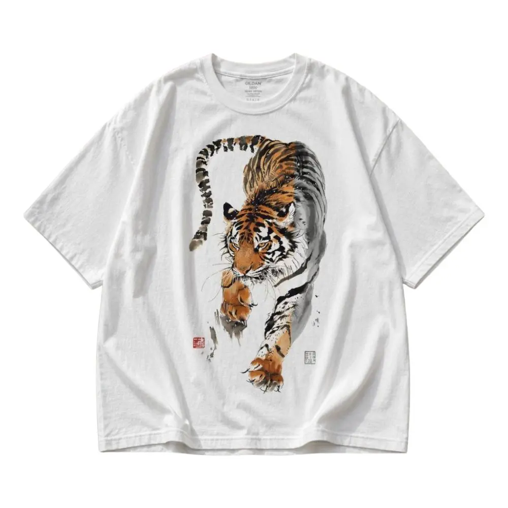 The Japanese Ink Wash Tiger Graphic T-Shirt, Traditional Sumi-E Animal Tee, Asian Wildlife Art Shirt, Unisex White Top, Gift For Woman, Gift For Men, Womenswear Top Underwear Streetwear, Trending Shirt