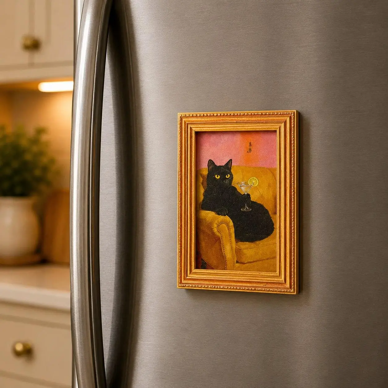 Black Cat Cocktail Fridge Magnet, Vintage Animal Art Refrigerator Magnet, Moody Kitchen Decor, Gothic Cat Lover Gift