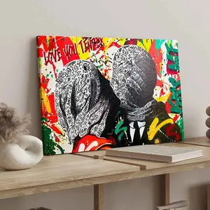 1Count Wooden Frame Canvas, Cool Graffiti Abstract Couple Images, Exquisite Poster, Fashion Bedroom Decoration, Modern Art Home Poster, Waterproof High Definition Printing, Ideal Gift, Art, Wall Art Painting