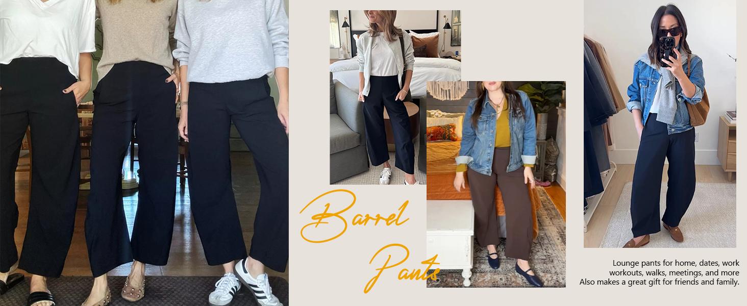 Songling Women Barrel Travel Pants Elastic Waistband Tapered Leg Baggy Mid Rise Work Trousers Lounge Pant with Pockets Bottom