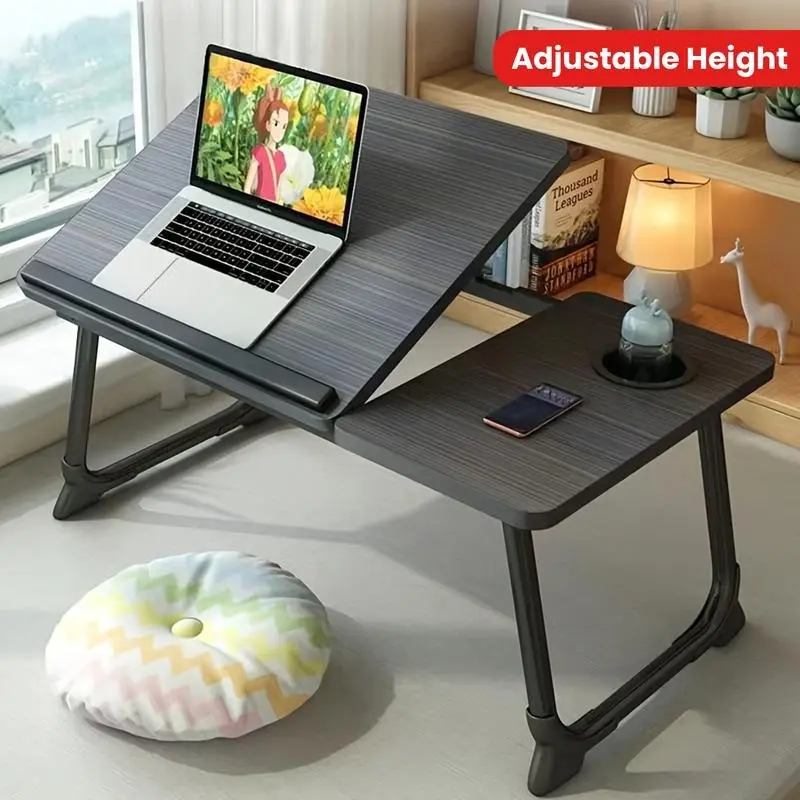 Adjustable Height Portable Laptop Table - Foldable Desk for Home Office Study & Reading - Sturdy Multifunctional Design with Cup Holder Compact Space-Saving Convenience