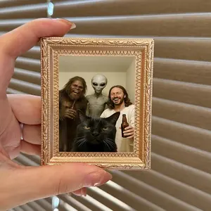 Humorous Bigfoot Alien Jesus Cat Party Magnetic Fridge Magnet, Whimsical Art Decor, Perfect Gift for Paranormal & Cat Lovers