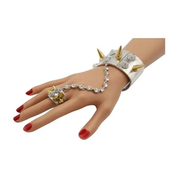 Women Silver Metal Wrist Bracelet - Fashion Jewelry Hand Chain Studs Connected Ring Gothic