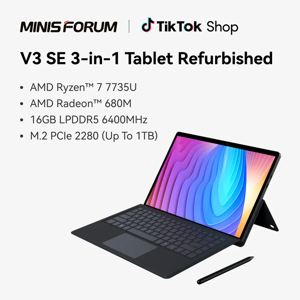 MINISFORUM V3 SE 3-in-1 Tablet Refurbished AMD Ryzen 7 7735U(8C/16T), AMD Radeon 680M,  LPDDR5 6400MHz 16GB, M.2 PCIe 2280 (Up To 1TB), WIFI 6E (802.11ax), BT5.3
