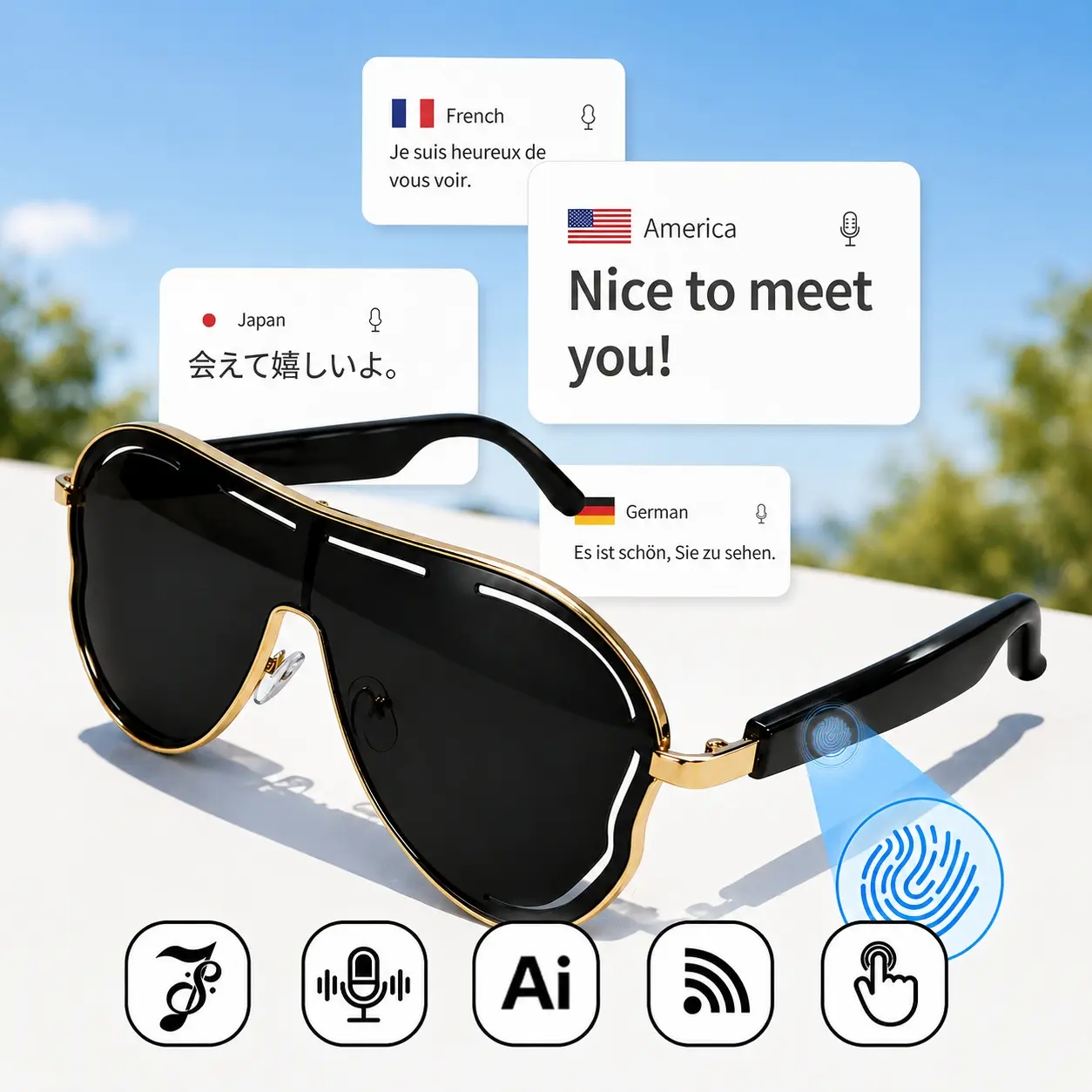 Smart Glasses, Wearable Tech Glasses, AI Translation Bluetooth Glasses with 100+ Languages Translation, Open-Ear Audio & Bluetooth Calling, Touch Control, UV Protection Sunglasses, for Driving Outdoor Business Travel