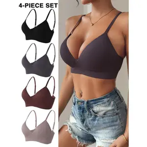 [Vintage Style Bralette Set] 4-Pack Vintage Style Bralette Set - Comfort Fit Wireless Bras - Solid Color Polyamide 85% Elastane 15% Knit Fabric, Non-Removable Padding, Adult Womenswear Basic