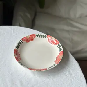 Handmade pottery plate with orang red, blue California poppy. Flower ceramic tableware. Birthday, wedding, festival gift.