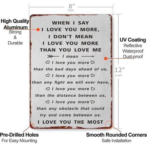 12"x8" Rustic Aluminum Love Sign - "I Love You The Most" Heartfelt Couple Quote Design - Ideal Valentine's Gift for Him/Her Room Decor Home Decoration Ceramic Plaque