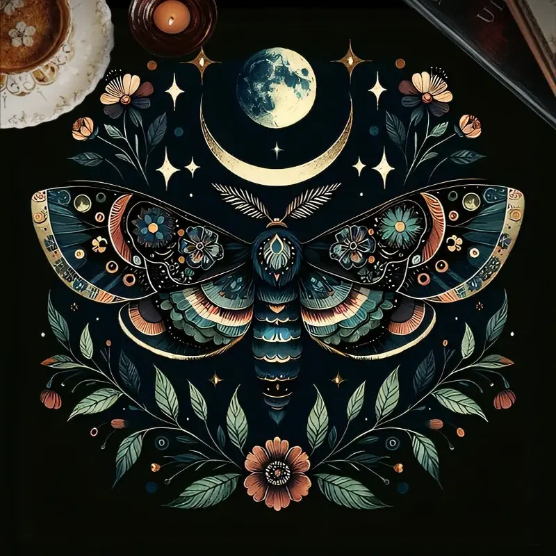 1pc Celestial Moon Moth Table Cover Enchanted Esoteric Decor and Whimsical Spiritual Room Decoration, Soft Washable Fabric Tablecloth for Witchy Gatherings, Occult Rituals and Dark Aesthetic Home Use