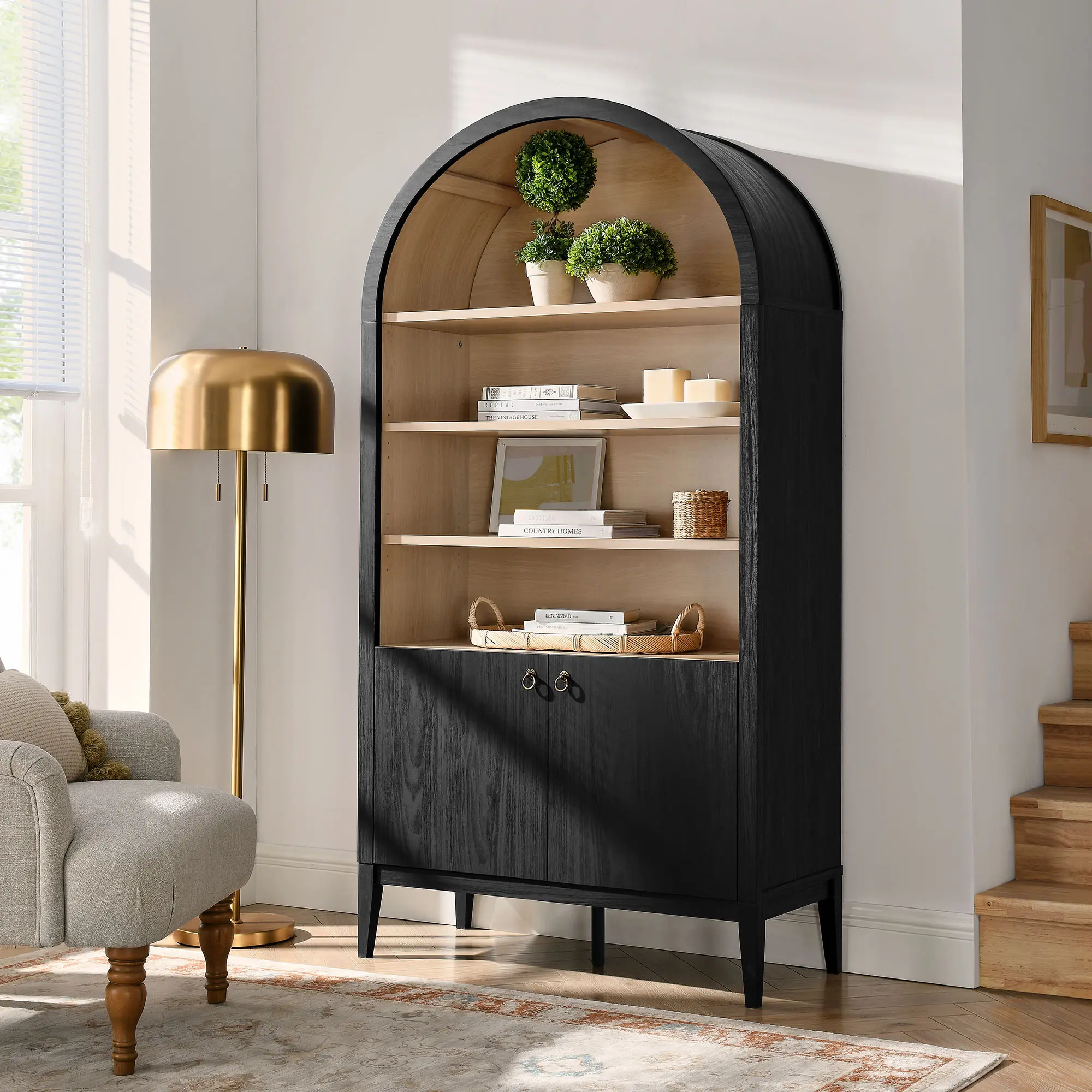 Nolan 74" Tall Arched Sturdy Modern Farmhouse Storage Display Cabinet Bookshelf, Elegantly Rounded Arched Top Shelf with Soft-Close Hinges, Home Library Book Organization Piece for Dining Area, Black Living Room Furniture