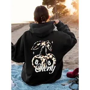 Cherry Print Drop Shoulder Drawstring Hoodie, Fashion Casual Pocket Hooded Sweatshirt for Daily Outdoor Wear, Women Clothing for Fall & Winter