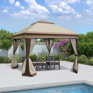 Outdoor 11x 11Ft Pop Up Gazebo Canopy with Removable Zipper Netting,2-Tier Soft Top Event Tent,Suitable for Patio Backyard Garden Camping Area,Coffee