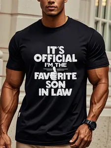 Men's Funny "Favorite Son-in-Law" Slogan Graphic Fitted T-Shirt - Navy Blue Quick-Dry Crew Neck Short Sleeve with "It's Official I'm The Favorite" Print - Casual Wedding & Family Event Tee Gift for Husband or Father-in-Law